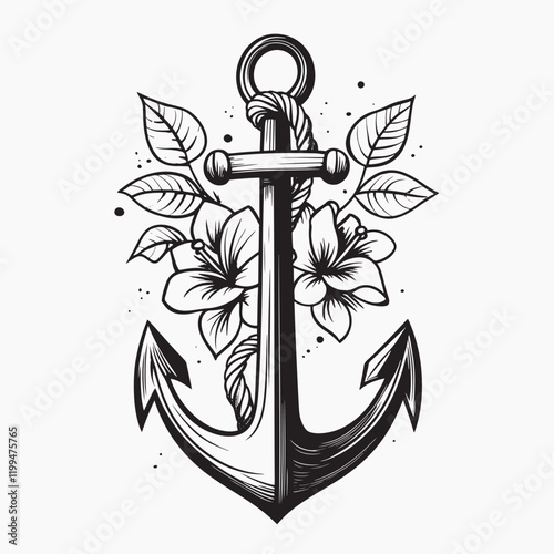 Anchor floral tattoo design art, old school tattoo vector