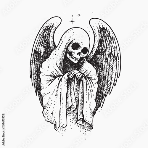 Mystical skeletal angel illustration, old school tattoo vector