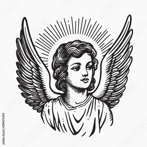 Vintage angel illustration with wings, old school tattoo vector