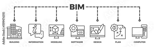 BIM banner web icon vector illustration concept for building information modeling with icon of building, information, modeling, software, design, plan, and computer