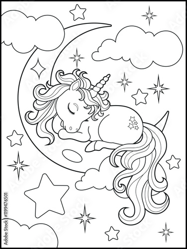 Illustration of a cute unicorn cartoon character. Black and white Printable Unicorn coloring page for kids.