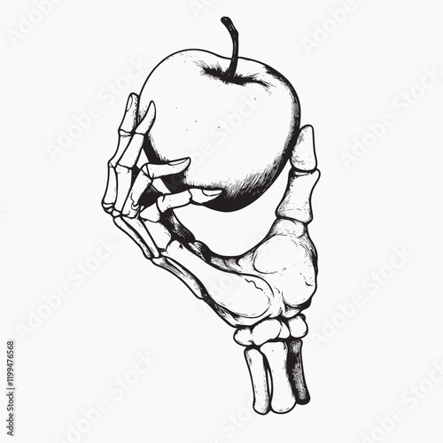 Skeleton hand holding apple, old school tattoo vector