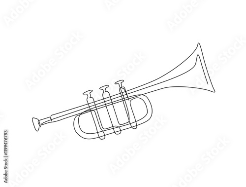 Continuous one line drawing of trumpet- music equipment. Classic trumpet in the pot single outline vector illustration. Editable stroke.