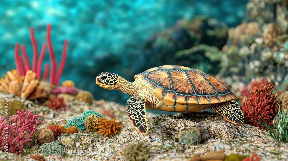 Obraz premium Sea turtle crawling on vibrant coral reef.