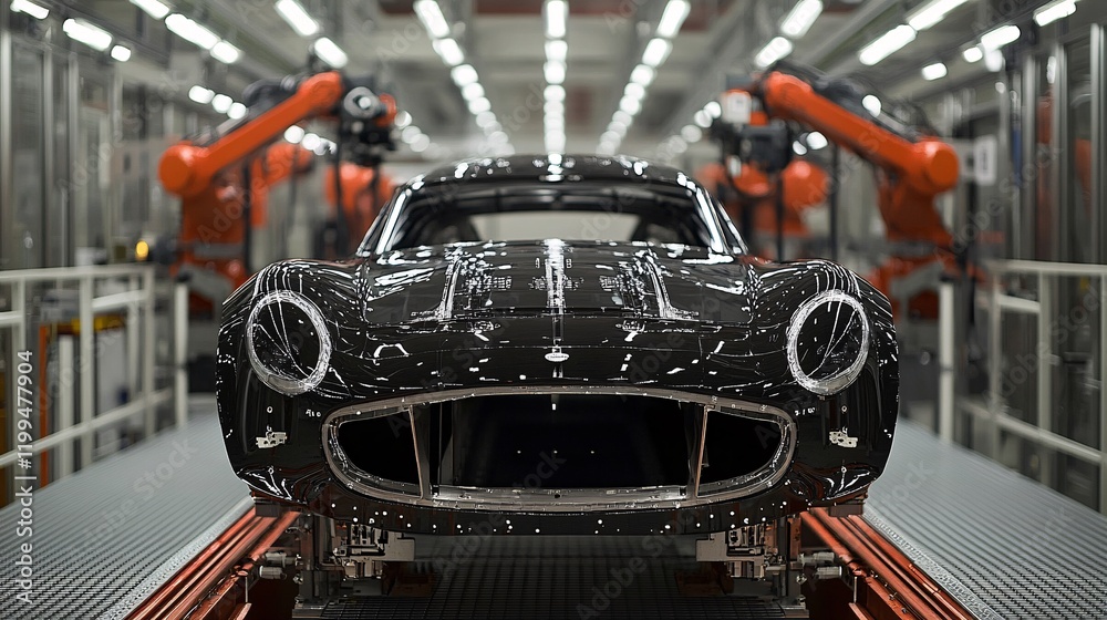 Fototapeta premium Robotic arms assembling a car body on an automotive production line, showcasing precision and automation in the manufacturing process.