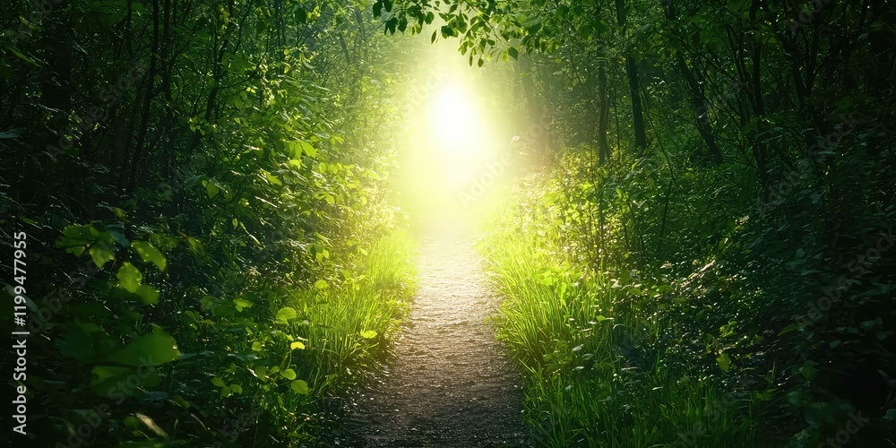 Obraz premium A forest trail illuminated by soft light from a distant source.