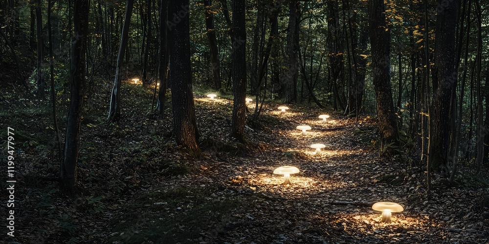 Obraz premium A forest trail illuminated by soft light from a distant source.
