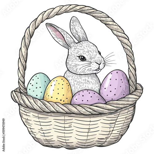 Easter rabbit in a basket illustration festive eggs vector