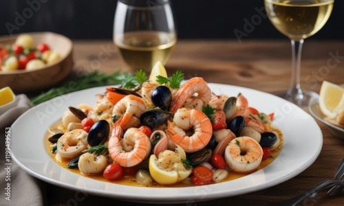 A plate of busara di scampi e frutti di mare with a glass of white wine, wine pairing, mediterranean diet, seafood photo