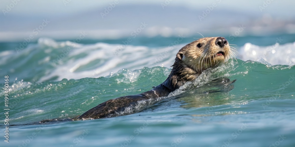 Obraz premium A playful otter swimming in the ocean waves, underwater scene, swimming, marine life, cute animals, ocean waves