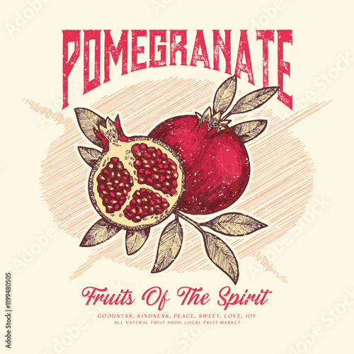 Hand sketch Pomegranate fruit artwork, Summer food poster design. Nature fruit club print design, Fresh pomegranate fruit print, Organic food artwork for for t-shirt, Fruit vintage t-shirt design