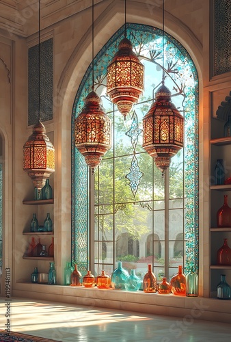 Ornamental Arabic lantern with burning candle glowing at night and glittering golden bokeh lights. Festive greeting card  an invitation for the Muslim holy month Ramadan Kareem.