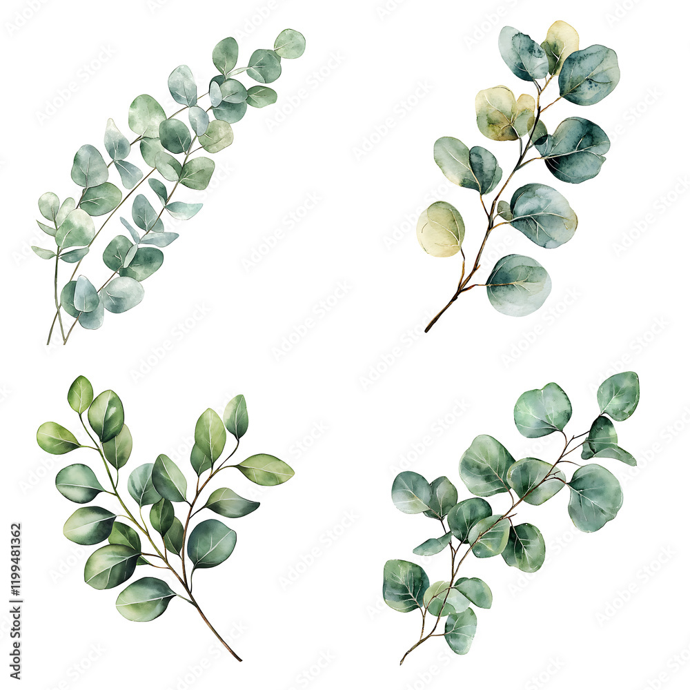 Obraz premium Botanical illustration of eucalyptus leaves studio digital art natural aesthetic design