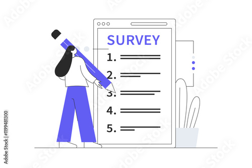 Online survey concept. Marking answers in questionnaire, filling digital form for test using mobile app. Flat Cartoon Vector Illustration, icon. Stylish abstract Modern