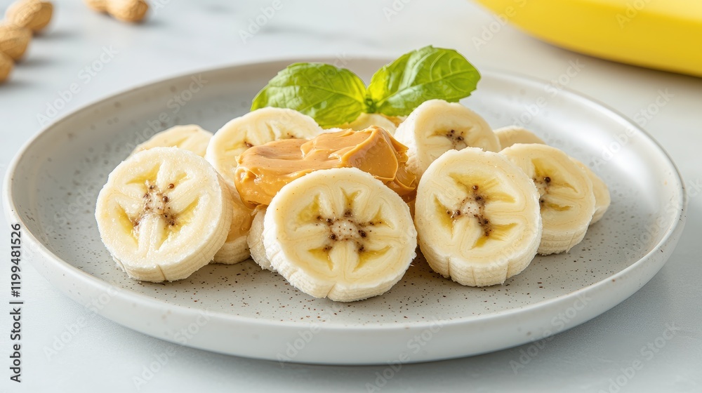 Sliced bananas with peanut butter and basil on a plate. Sliced bananas with peanut butter and basil on a plate.