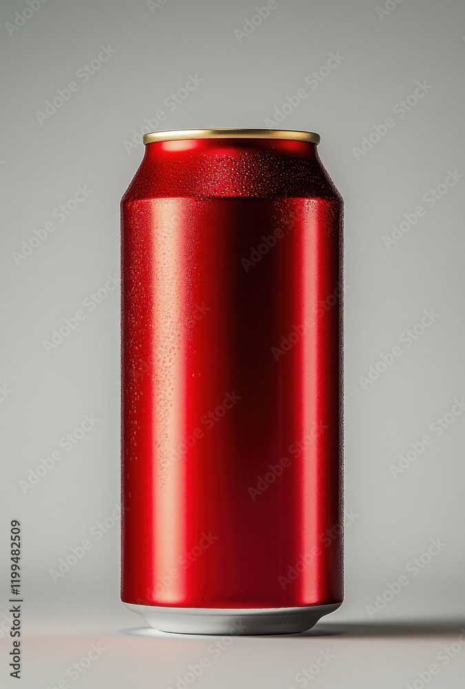 A Single Bright Red Beverage Can with Water Droplets Reflecting Light, Set Against a Smooth Gradient Background for a Clean and Modern Look A Single Bright Red Beverage Can with Water Droplets Reflecting Light, Set Against a Smooth Gradient Background for a Clean and Modern Look