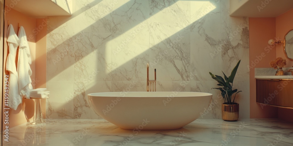 A serene bathroom featuring a stylish freestanding tub. Soft sunlight streams through the window, illuminating the marble surfaces. The peachy tones add warmth and elegance. 