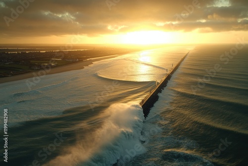 Golden sunset over ocean waves crashing against a long jetty.  Serene coastal scene.