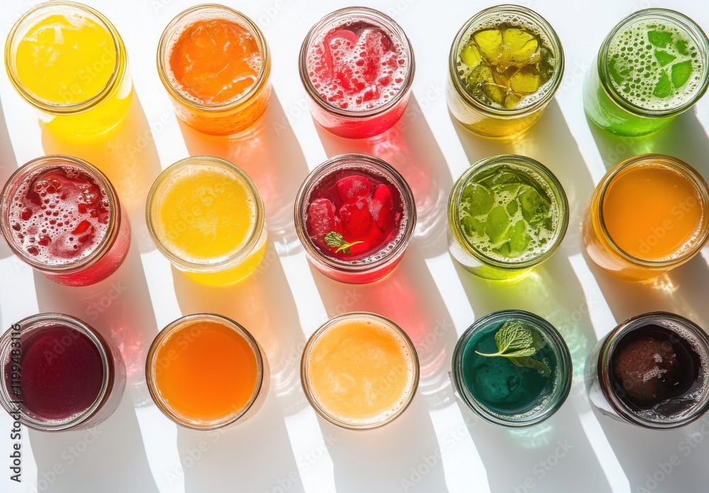 A Vibrant Display of Colorful Beverages in Glass Jars on a Light Table Setting for Refreshing Drink Ideas or Party Inspiration A Vibrant Display of Colorful Beverages in Glass Jars on a Light Table Setting for Refreshing Drink Ideas or Party Inspiration