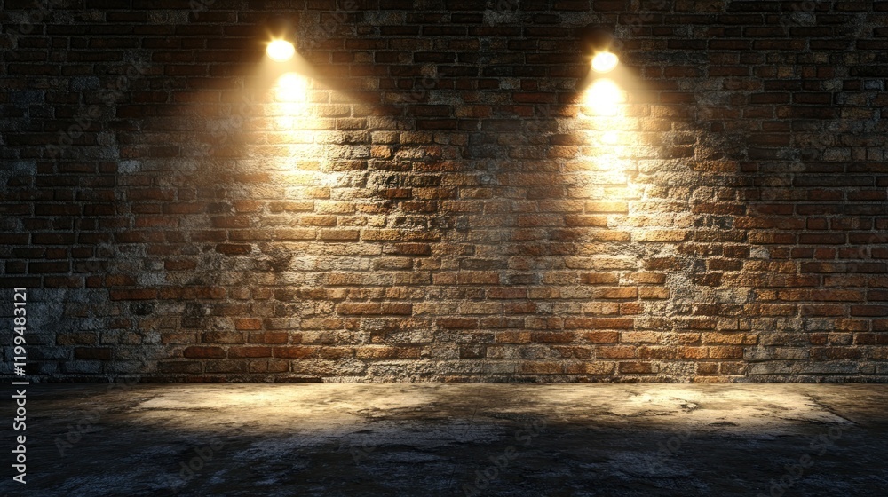 Obraz premium Dark brick wall background with two spotlights illuminating a grunge floor.