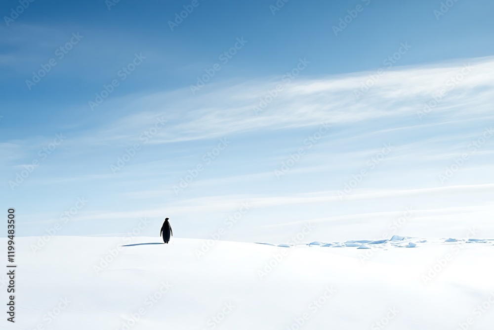 Solitary penguin walks across a pristine Antarctic landscape under dramatic clouds. Solitary penguin walks across a pristine Antarctic landscape under dramatic clouds.