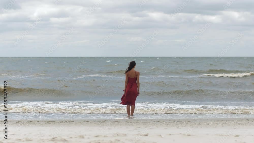 A woman in a red dress stands alone by the sea on a cloudy day, gazing at the waves. This evocative scene captures themes of solitude, contemplation, and introspection, perfect for mental health and A woman in a red dress stands alone by the sea on a cloudy day, gazing at the waves. This evocative scene captures themes of solitude, contemplation, and introspection, perfect for mental health and