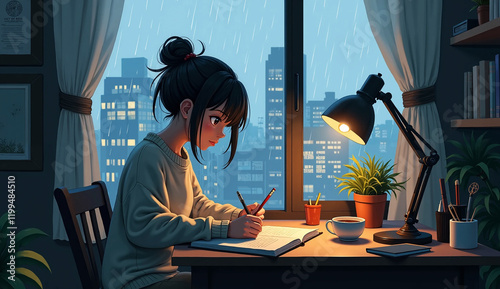 Lofi Girl studying at her desk. Rain ourside, beautiful chill, atmospheric wallpaper photo