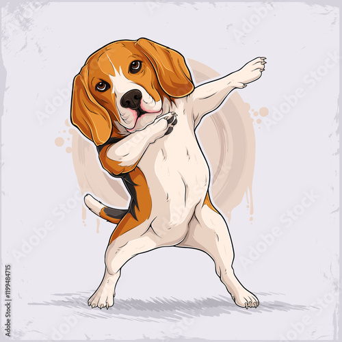 Hand drawn standing cute tri-color dog breed beagle dabbing friendly domestic animal doing dab move