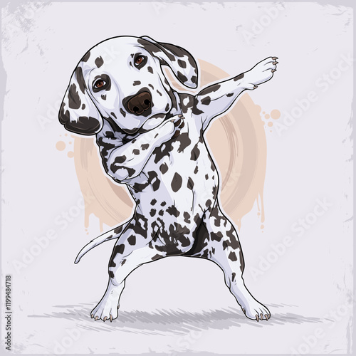 Hand drawn standing black and white dog breed dalmatian dabbing, domestic animal doing dab gesture