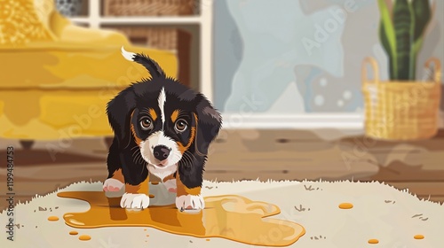 Cute Puppy Next to Spilled Water on Indoor Carpet Cartoon