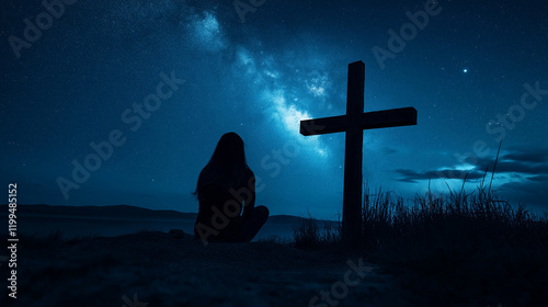 Women Praying Near Wooden Cross Under Starry Night Symbolizing Jesus Crucifixion and Faith