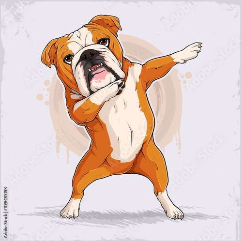 Hand drawn standing white and fawn dog breed English bulldog dabbing, small puppy doing dab gesture