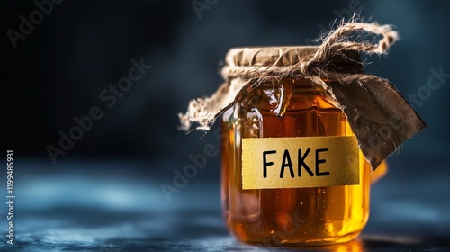 Jar labeled 'fake' symbolizes honey fraud, highlighting deception in honey purity.