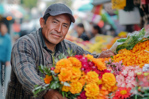 A male flower seller leans over a bustling market counter, offering a colorful bouquet to a smiling customer, with a vibrant street market and stalls visible in the lively background photo