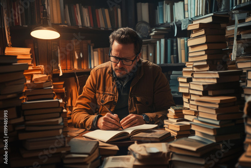 A realistic depiction of a male teacher sitting at a desk in a serene library, surrounded by stacks of books as he writes thoughtfully in a notebook, immersed in study photo