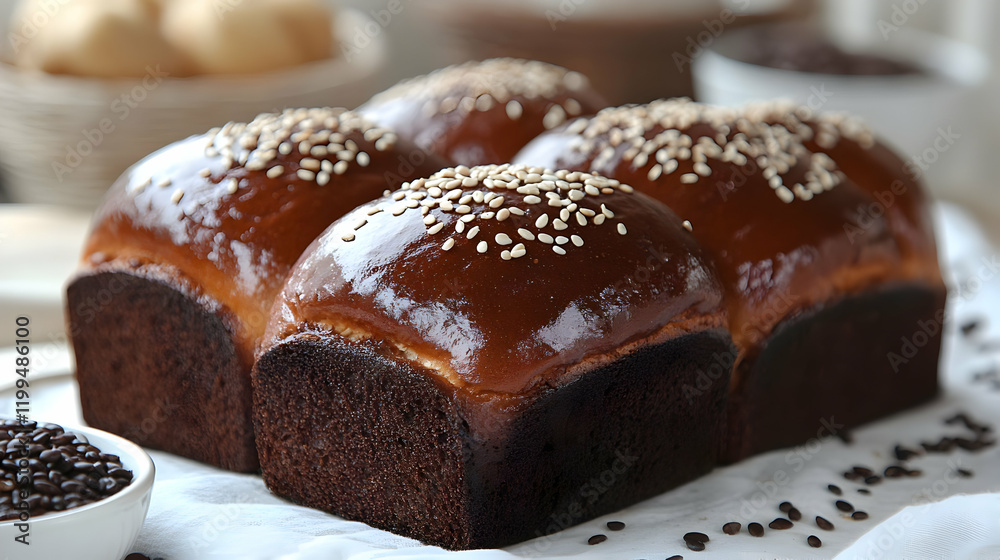 Sesame buns baking, kitchen, ingredient bowls Sesame buns baking, kitchen, ingredient bowls