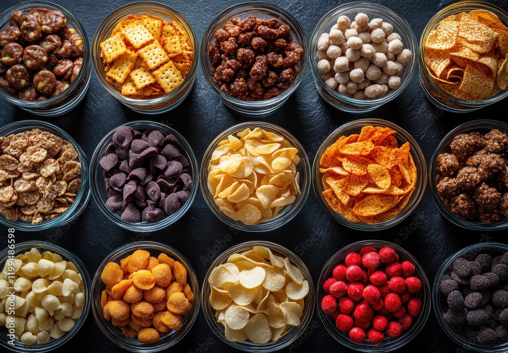 Assorted Snacks in Clear Glass Bowls Displayed on Dark Background Capturing a Variety of Crunchy Treats and Colorful Ingredients Perfect for Sharing and Celebrating Gatherings Assorted Snacks in Clear Glass Bowls Displayed on Dark Background Capturing a Variety of Crunchy Treats and Colorful Ingredients Perfect for Sharing and Celebrating Gatherings