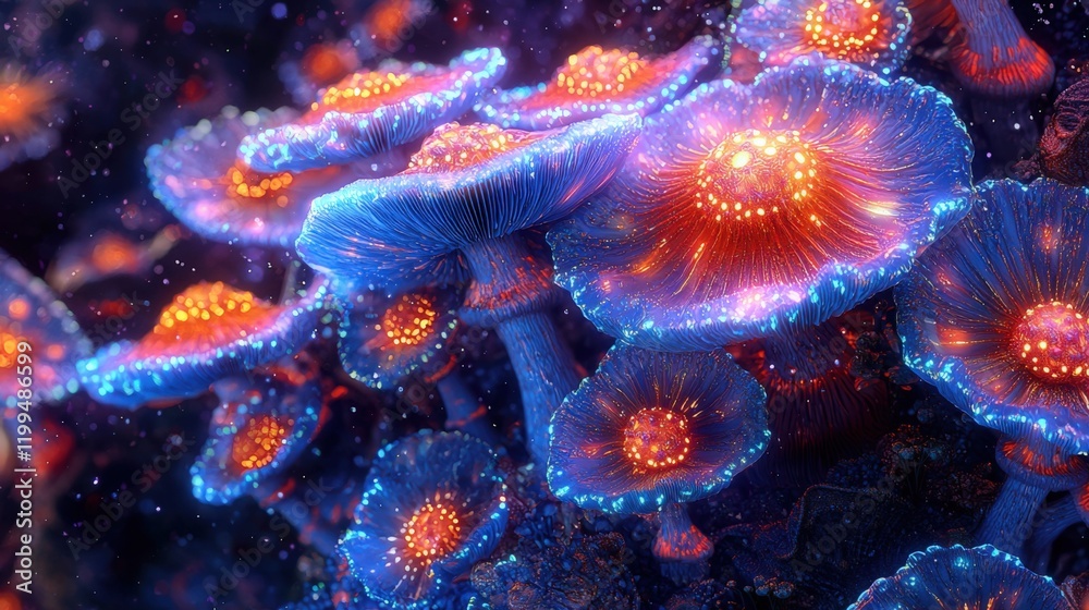 Luminous Mushroom Colony in Bioluminescent Forest, Fantasy Art, Generated AI