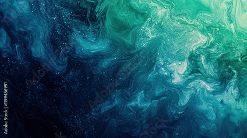 Abstract fluid art with swirling shades of blue and green creating a cosmic effect