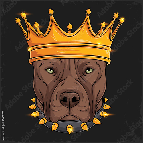 Hand drawn dog breed aggressive brown pit bull head with barbed collar wearing a royal golden crown