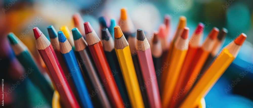 Bright colored pencils arranged in a holder, showcasing creativity and artistic potential during a sunny afternoon Bright colored pencils arranged in a holder, showcasing creativity and artistic potential during a sunny afternoon