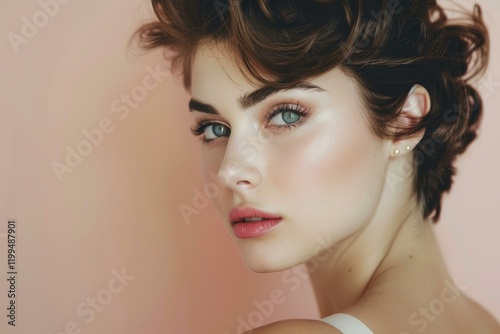 Fashion and beauty portrait of young woman with short brown wavy hair, perfect skin and blue eyes, looking over her shoulder