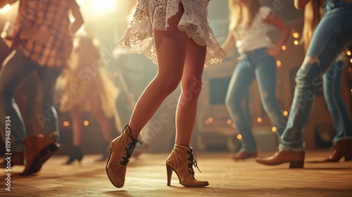 Country line dancers in boots move rhythmically on a wooden floor, capturing the lively spirit of western dance.