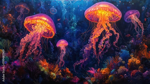 Wallpaper Mural A vibrant underwater scene featuring glowing jellyfish surrounded by colorful coral and marine life, showcasing the beauty of ocean ecosystems. Torontodigital.ca