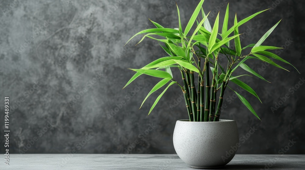 Fototapeta premium Delicate Bamboo Plant in a Simple Ceramic Pot on Gray Background