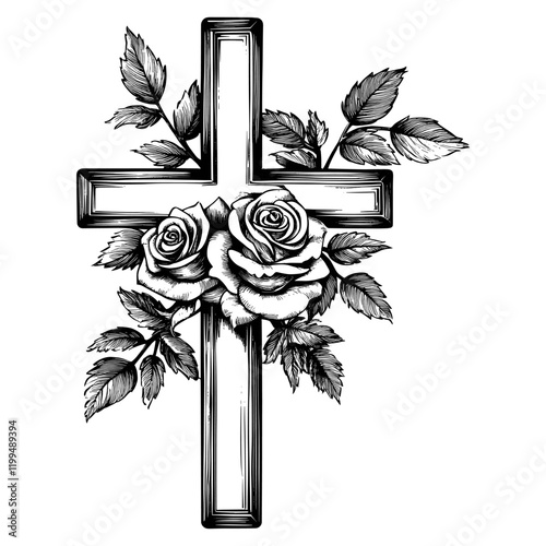 Cross with roses art symbol black vector