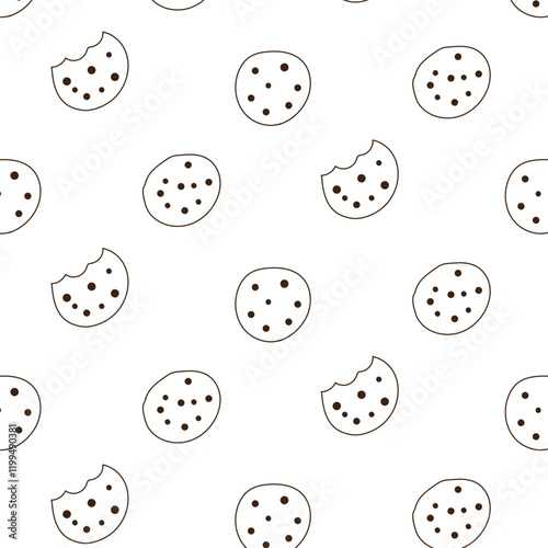 Choco chip cookies outline seamless pattern. Cute motifs for baby clothes, food and beverages background. hand drawing style.
