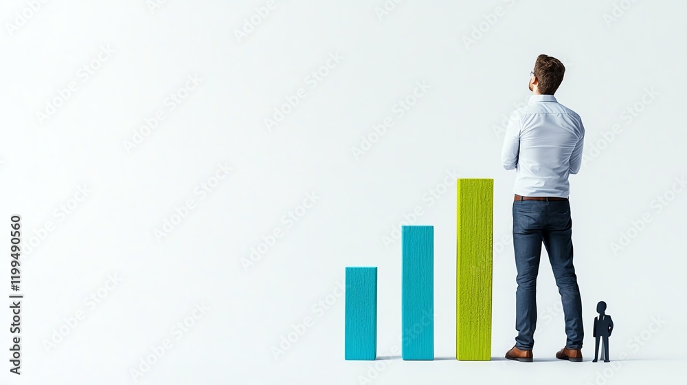 A leader standing in front of a rising bar graph, team figures beside them, growth and management concept, green and blue, isolated on white background A leader standing in front of a rising bar graph, team figures beside them, growth and management concept, green and blue, isolated on white background