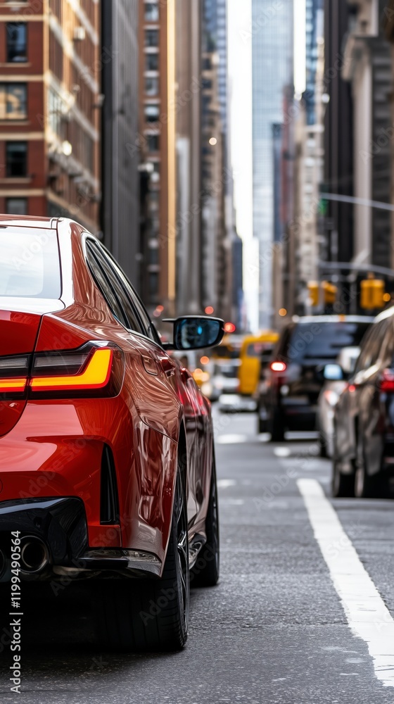 custom made wallpaper toronto digitalA red car is parked on a city street. The car is in the middle of the street and is surrounded by other cars. The street is busy with traffic and the cars are moving in different directions