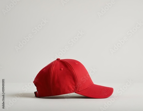 A vibrant red cap lying sideways on a minimalistic background, highlighting its sleek design. photo